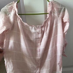 pink and white flannel over the shoulder shirt!